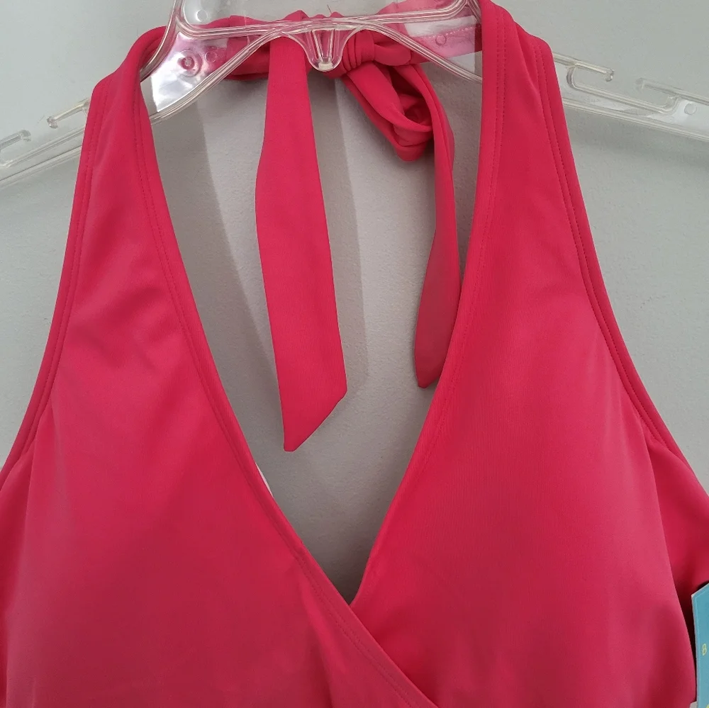 Bal Harbour One Piece Color Block Halter One Piece Tummy Control Swimsuit 20 New
